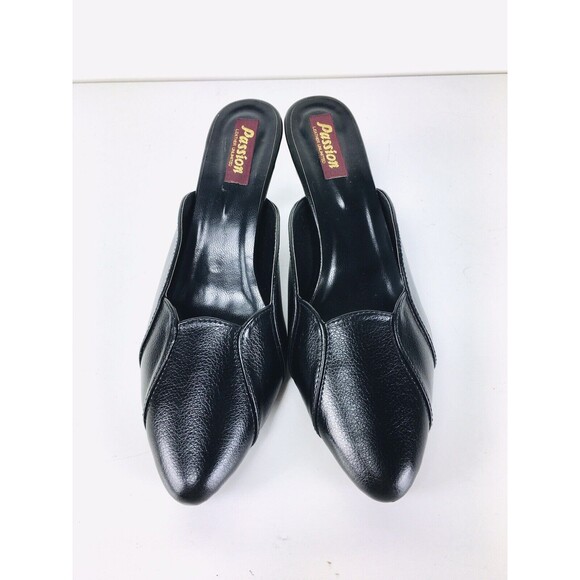 Vintage 90s PASSION Black Leather Scalloped Heels Mules Size 7/7.5 NEW - Picture 4 of 11